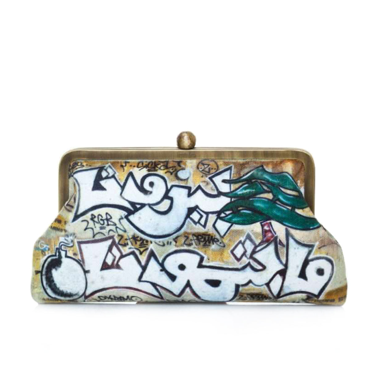 Beirut Graffiti Handbag – Hand-embroidered clutch by Sarah's Bag featuring graffiti-style Arabic calligraphy and a Lebanese cedar tree