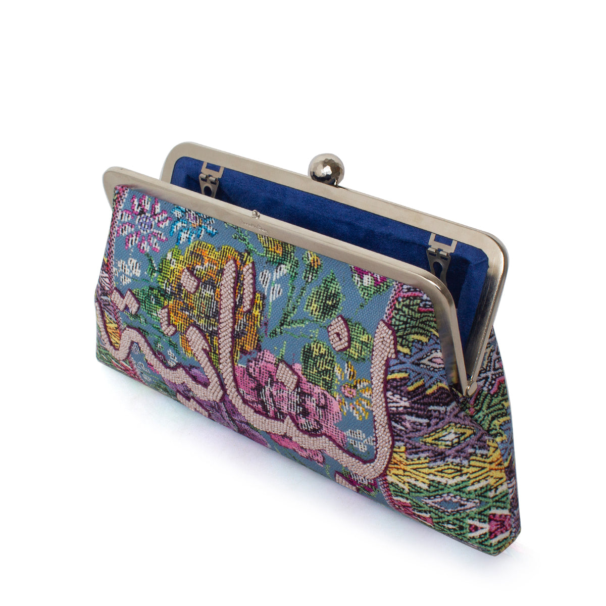 Open view of Loubnaniya Pink on Mexican Floral Pastel Classic Handbag – Interior details of hand-embroidered clutch featuring pastel floral design and pink Arabic calligraphy by Sarah's Bag