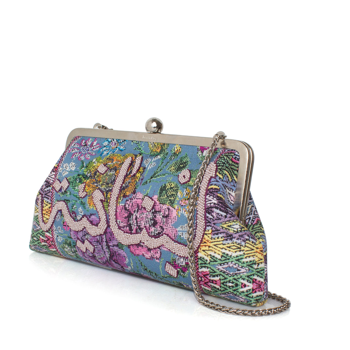 Side view of Loubnaniya Pink on Mexican Floral Pastel Classic Handbag – Hand-embroidered clutch with pastel floral patterns and pink Arabic calligraphy by Sarah's Bag