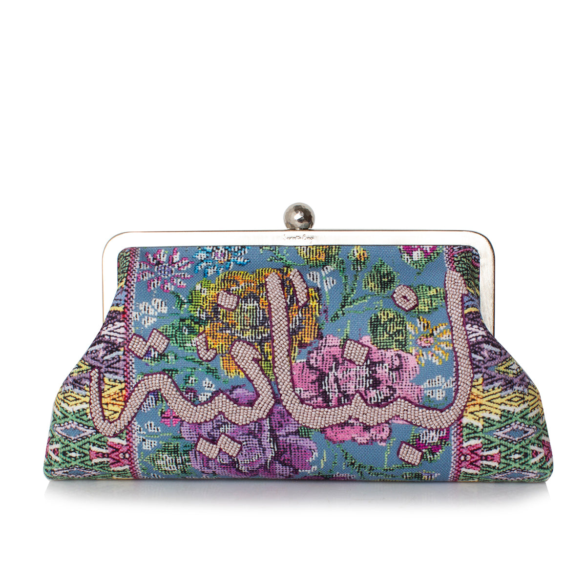 Loubnaniya Pink on Mexican Floral Pastel Classic Handbag – Hand-embroidered clutch by Sarah's Bag featuring pastel floral design with pink Arabic calligraphy