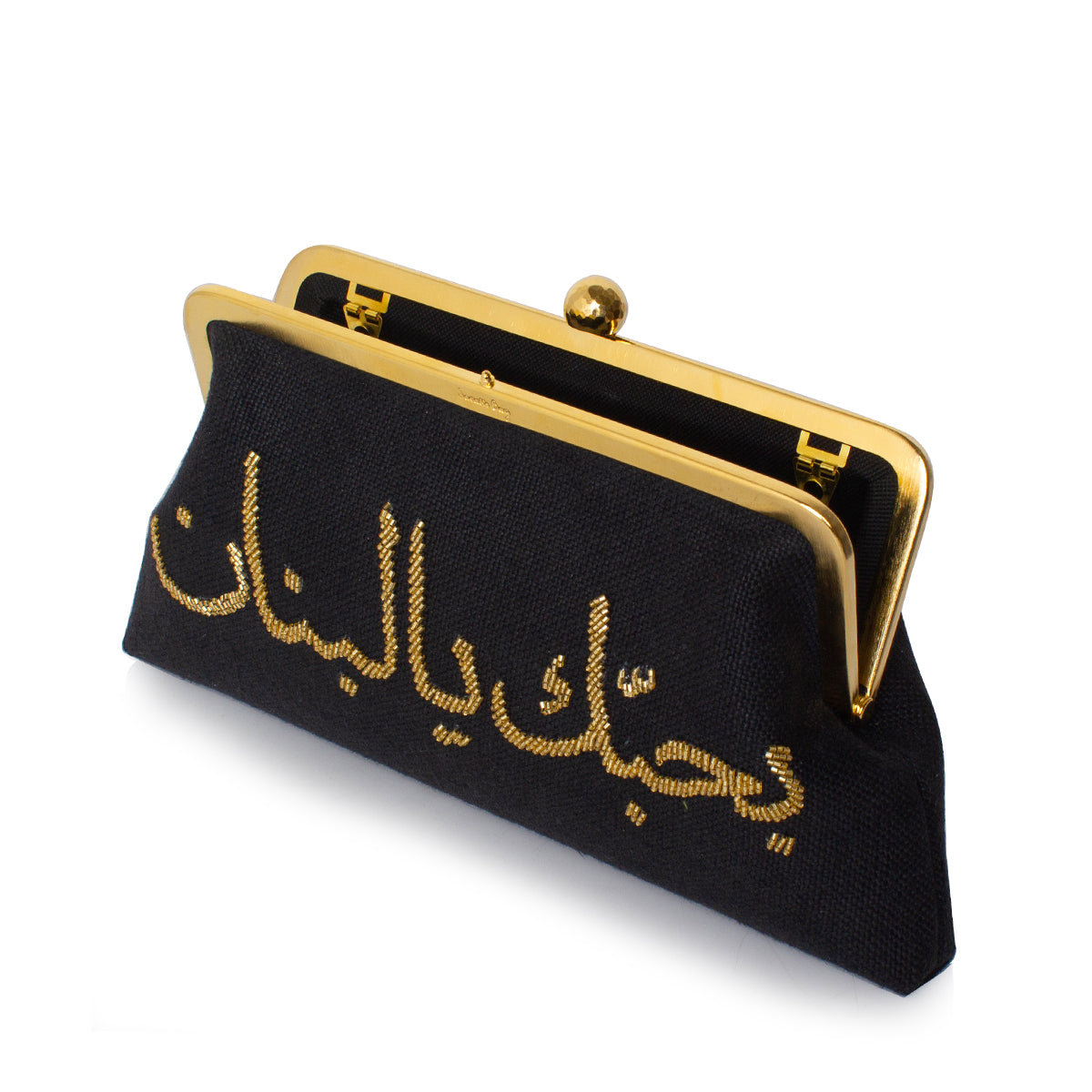 Open view of Love Lebanon Gold on Black Classic Handbag – Interior details of hand-embroidered luxury clutch by Sarah's Bag.