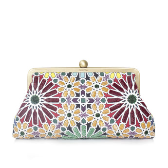 A multicolored geometric patterned clutch bag with a metal clasp.