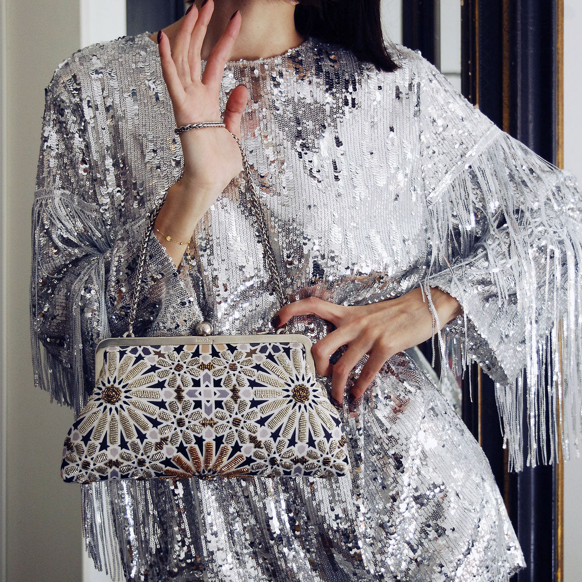 moroccan gold classic clutch bag with shoulder chain