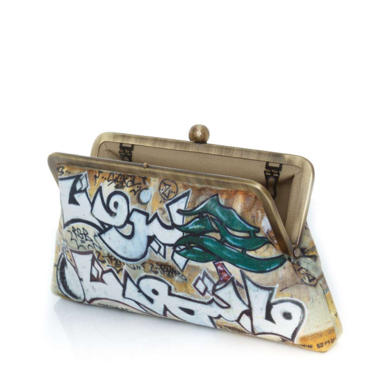 Open view of Beirut Graffiti Handbag – Interior details of hand-embroidered clutch featuring graffiti-style Arabic calligraphy and Lebanese cedar tree by Sarah's Bag