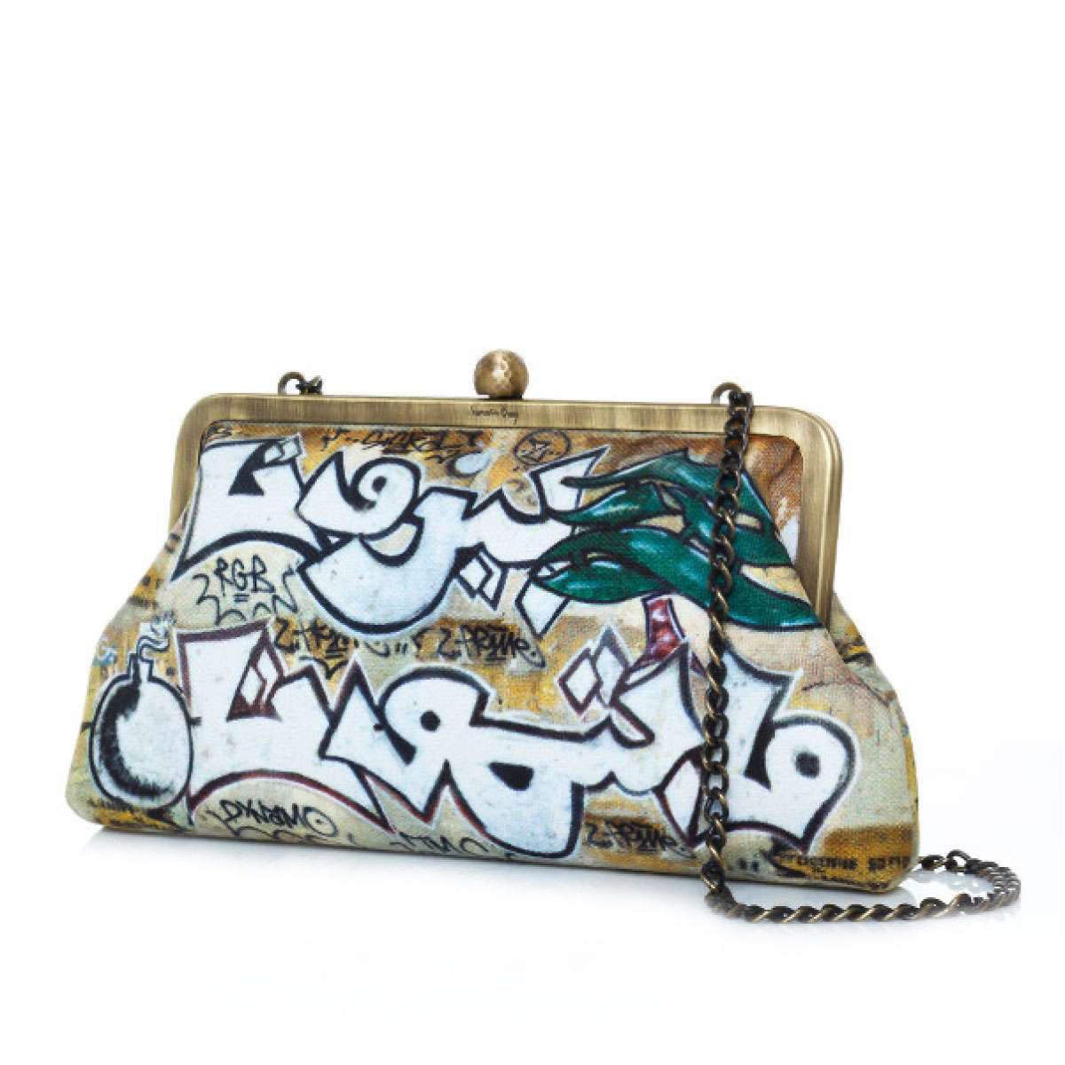 Side view of Beirut Graffiti Handbag – Hand-embroidered clutch with graffiti-style design, Arabic calligraphy, and Lebanese cedar by Sarah's Bag