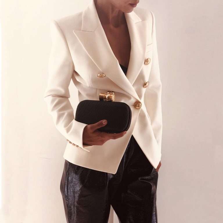 champagne black leather box evening minaudière clutch on model