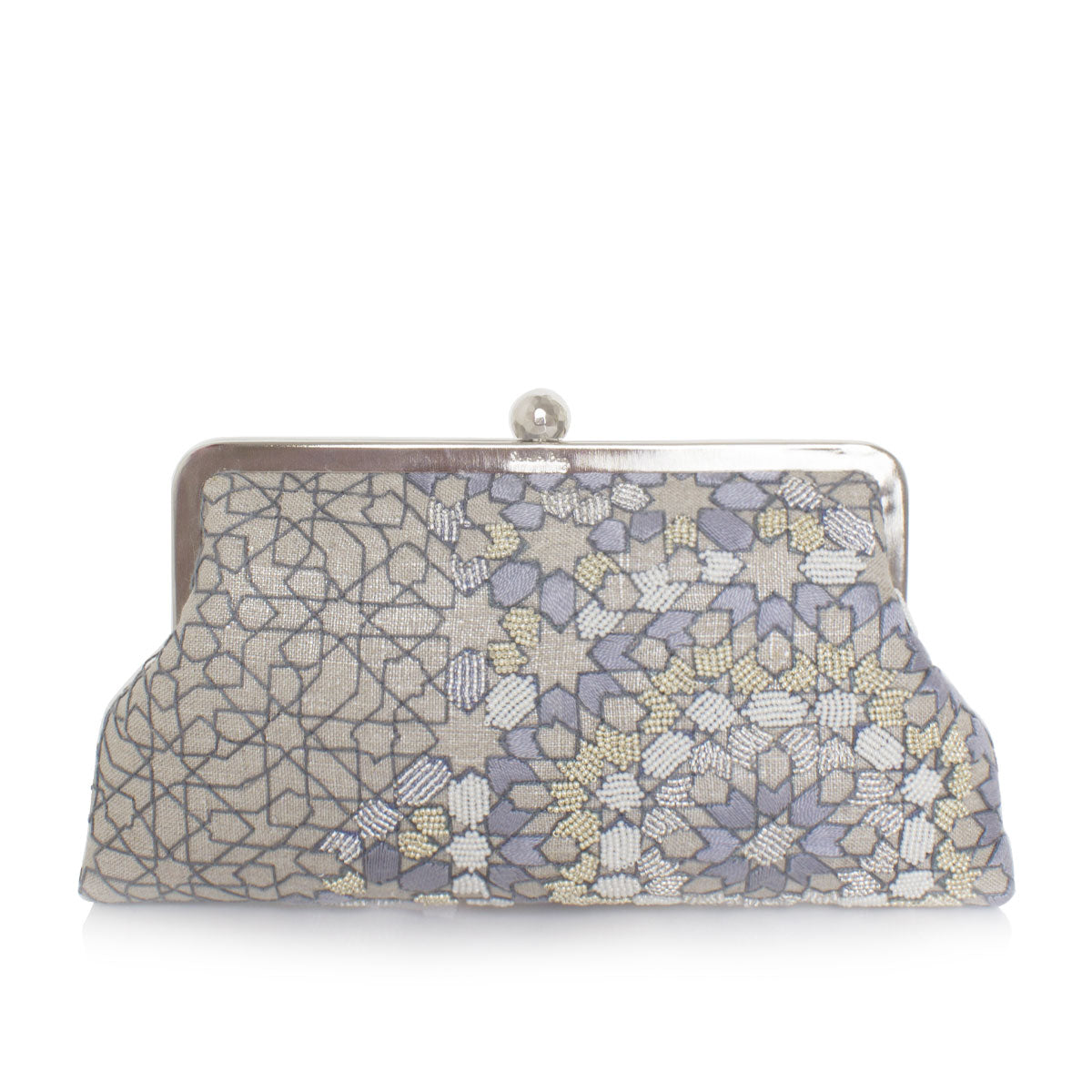 arabesque silver classic clutch bag with shoulder chain