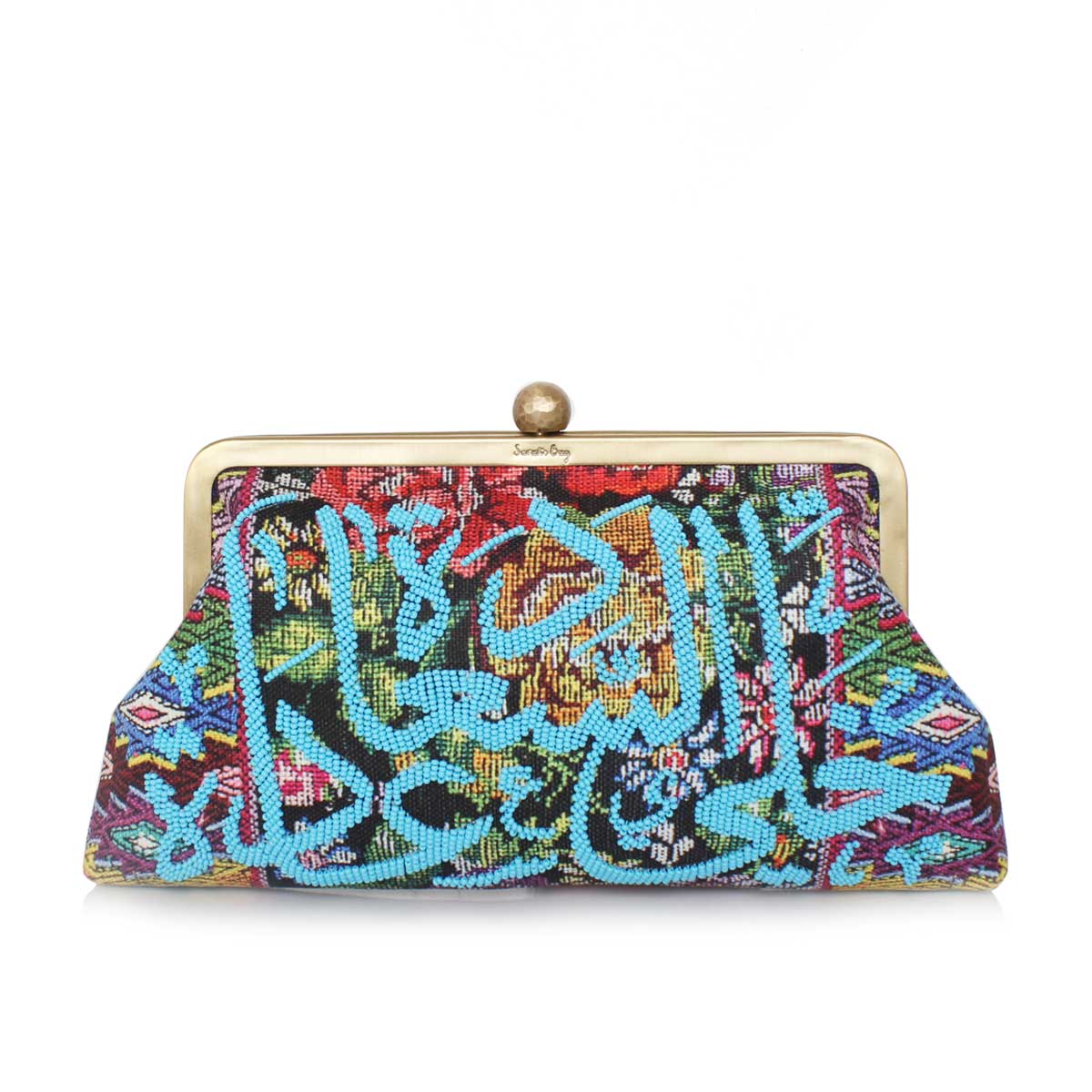 blue calligraphy on floral classic clutch bag with shoulder chain