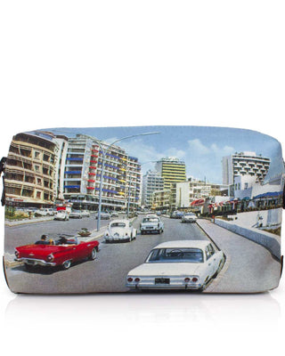 A rectangular zippered pouch featuring a vintage-style printed photograph of a city street with cars and buildings, shown on a clean white background.