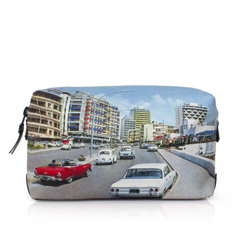 A rectangular zippered pouch featuring a vintage-style printed photograph of a city street with cars and buildings, shown on a clean white background.