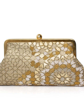 Gold and beige arabesque design clutch bag on a white background