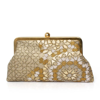 Gold and beige arabesque design clutch bag on a white background