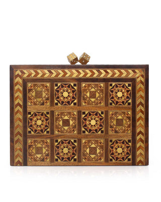 Decorative wooden box bag with geometric patterns on a white background