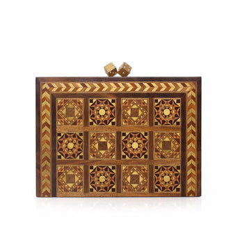 Decorative wooden box bag with geometric patterns on a white background