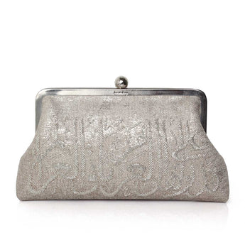 A silver-gray evening clutch bag with intricate Arabic calligraphy embroidery, a metal frame shown on a white background.