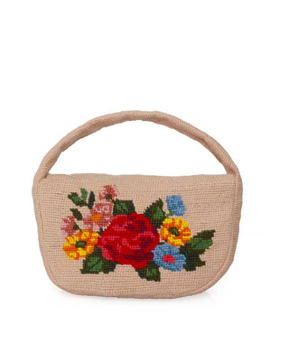 Canvas handbag with colorful floral embroidery on a white background
