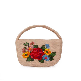 Canvas handbag with colorful floral embroidery on a white background