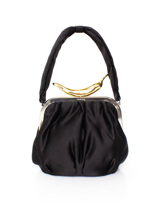A black handbag with a metallic clasp and a textured surface, viewed from the front.