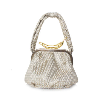 A silver handbag with a geometric pattern and a gold-colored metal closure.