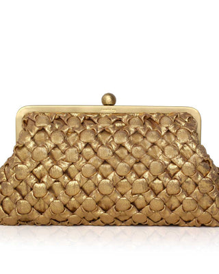 Gold crossed clutch bag on a white background