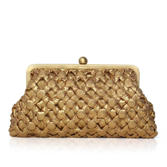 Gold crossed clutch bag on a white background