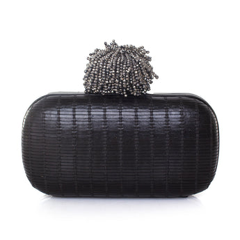 DHALIA CRYSTAL ON BLACK LEATHER BOX CLUTCH