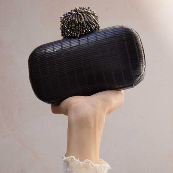 DHALIA CRYSTAL ON BLACK LEATHER BOX CLUTCH