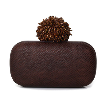 Brown leather textured clutch bag with a beaded dhalia clasp on a white background