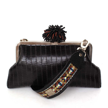 DHALIA ON BLACK LEATHER CLASSIC BAG WITH STRAP