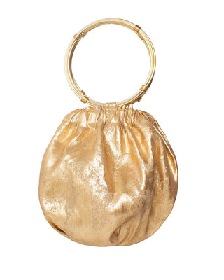 Gold round metallic bracelet bag with a round handle wristlet on a white background
