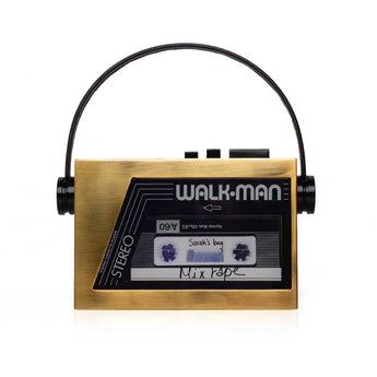 Vintage-style Walkman bag with brass finish on a white background