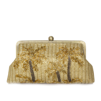 A gold clutch purse with a palm tree design, hand-beaded with radiant gold glass beads.