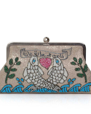 Handbag with embroidered design of two fishes holding a heart, on a white background