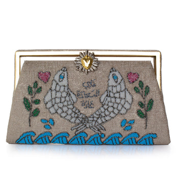 Handbag with embroidered design of two fishes holding a heart, on a white background