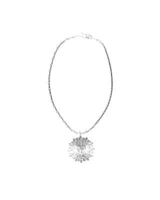 The Heart Rays Silver Necklace features a sculpted heart at its center, creating a distinctive focal point.