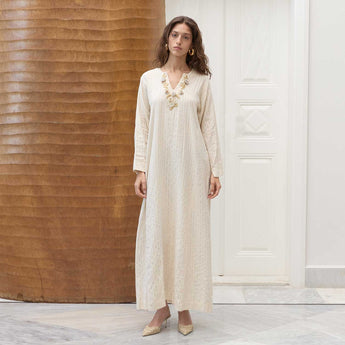 IVORY YASMINE ON BEIGE AMAL DRESS