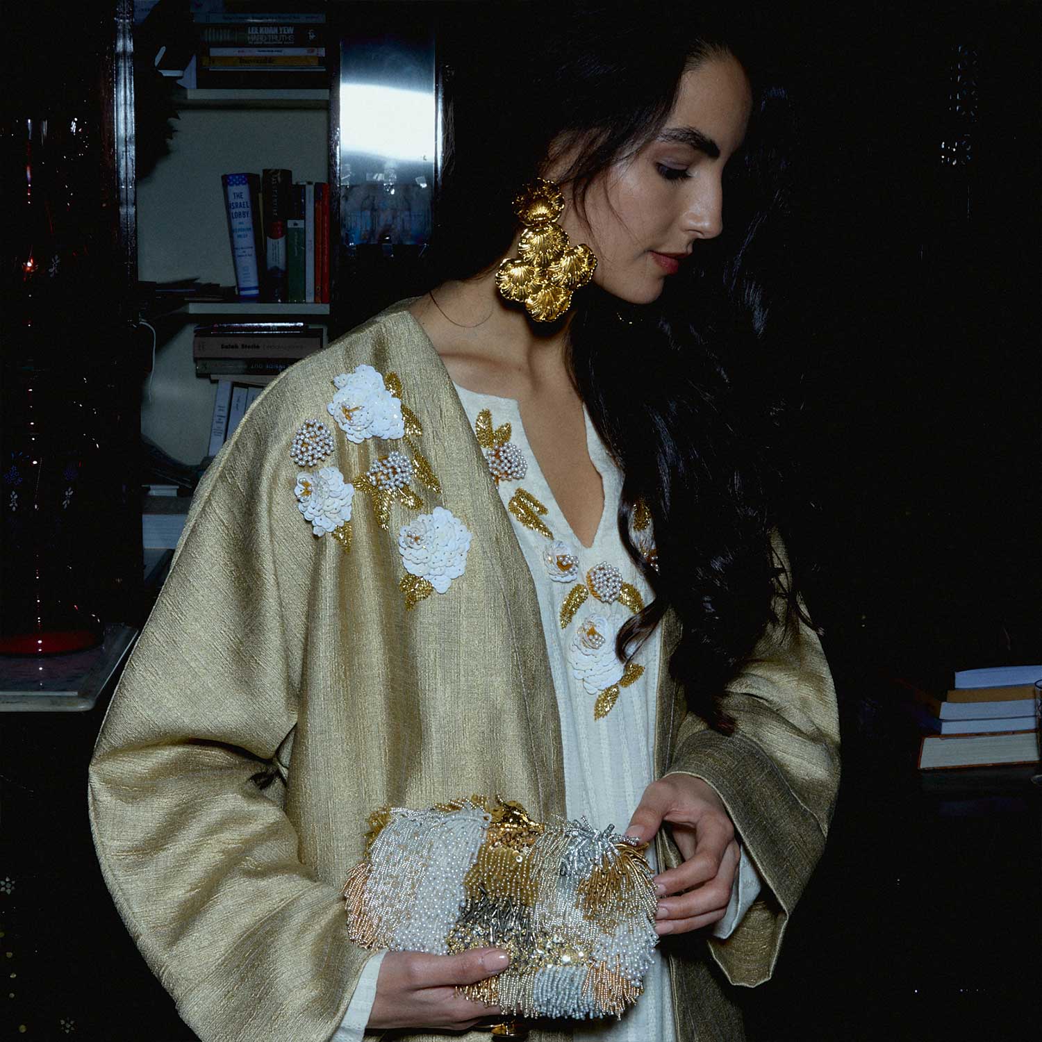 Ivory Yasmine on Gold Abaya | Sarah's Bag Ivory Yasmine on Gold Abaya | Sarah's Bag