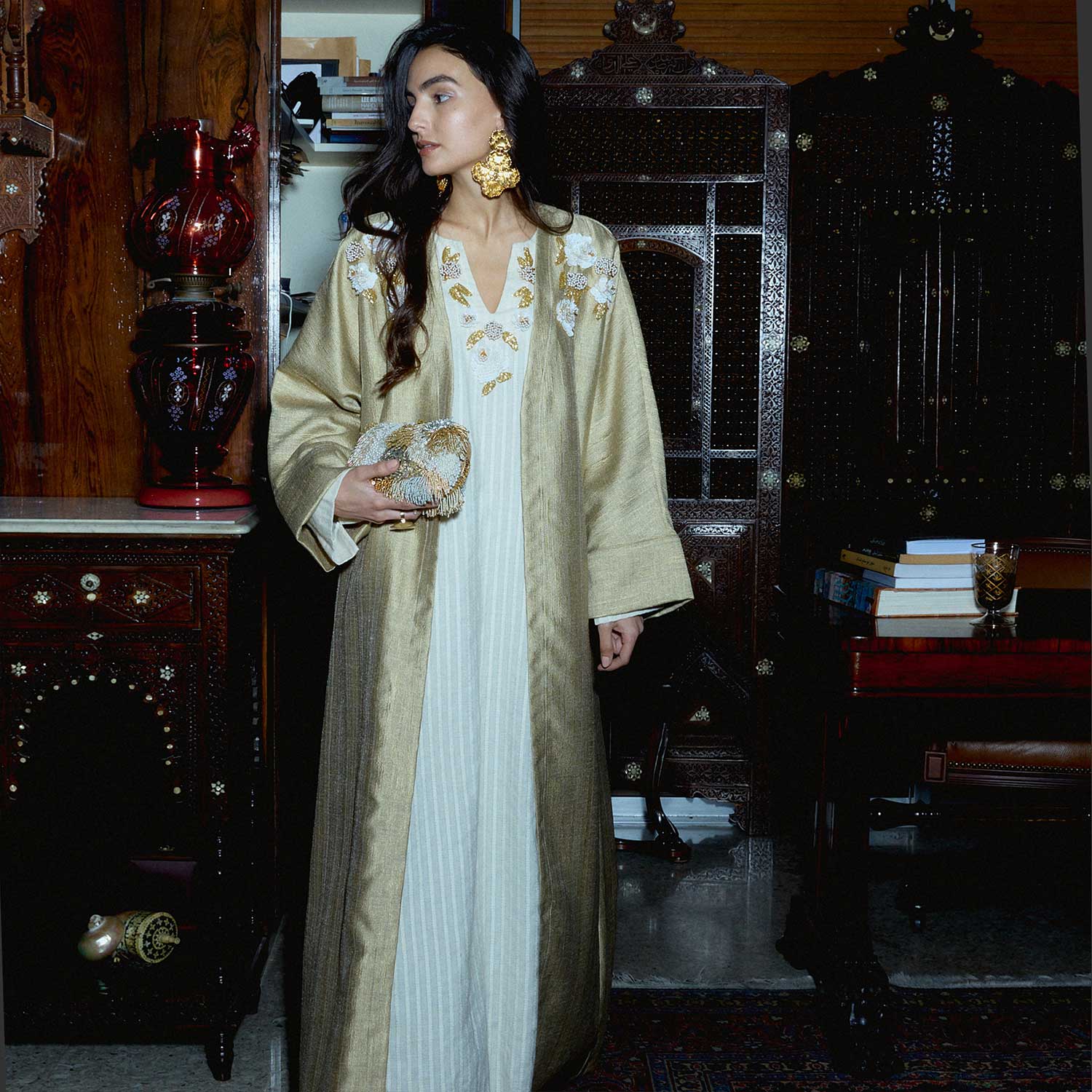 Ivory Yasmine on Gold Abaya | Sarah's Bag Ivory Yasmine on Gold Abaya | Sarah's Bag
