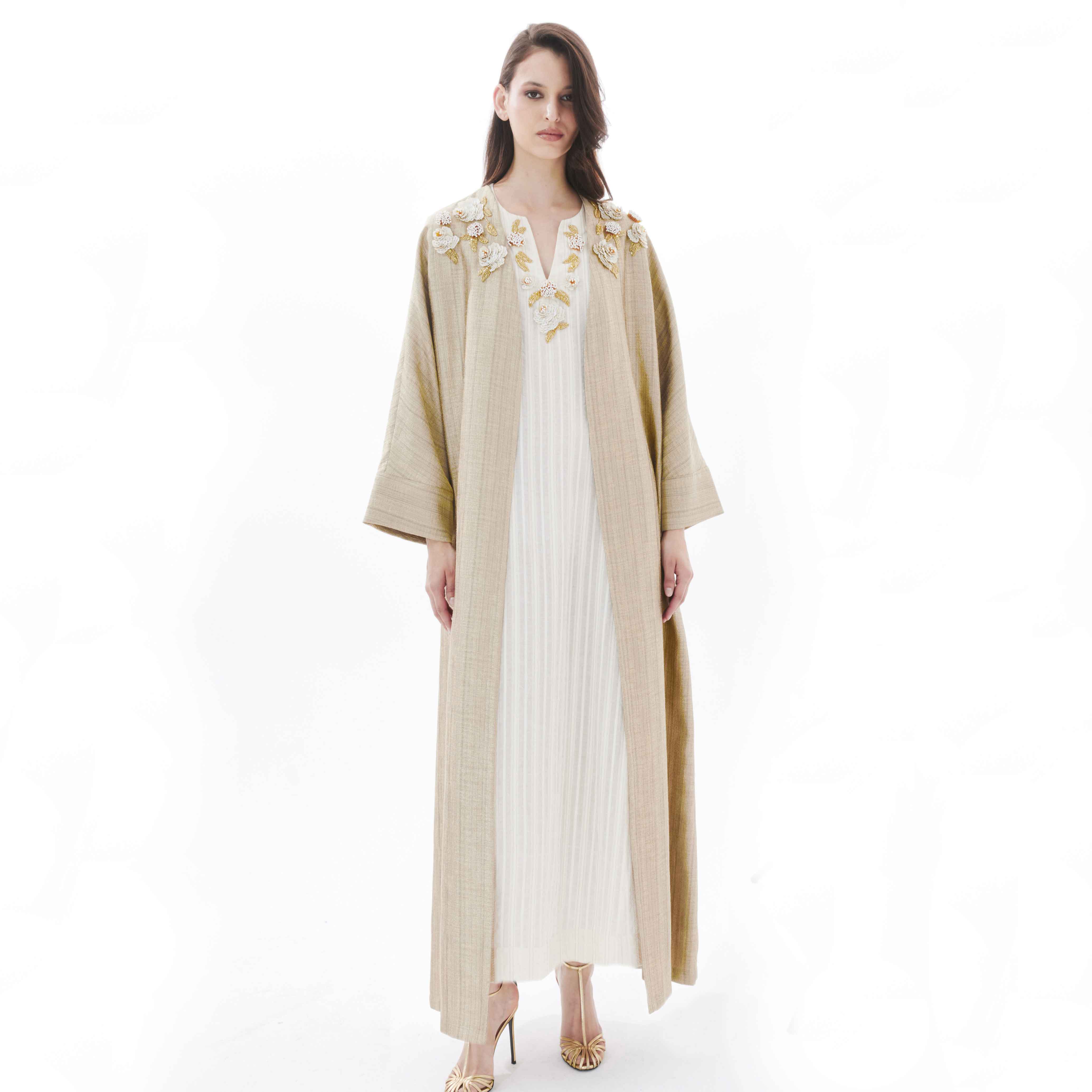 Ivory Yasmine on Gold Abaya | Sarah's Bag Ivory Yasmine on Gold Abaya | Sarah's Bag