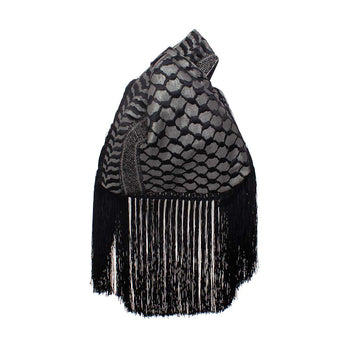 Black and gray keffiyeh patterned scarf with fringe on a white background