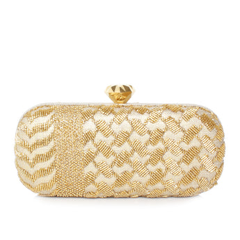 A gold-colored keffiyeh design box clutch with a golden diamond clasp.