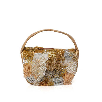 Gold and silver beaded handbag on a white background
