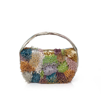 Multicolored beaded handbag on a white background