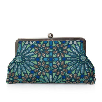 Green and blue patterned clutch bag on a white background