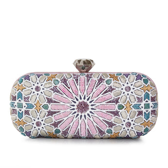 Multicolored moroccan patterned clutch bag on a white background