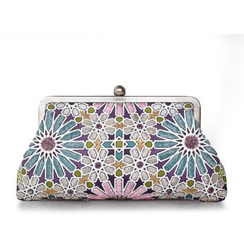 Colorful patterned clutch bag on a white background