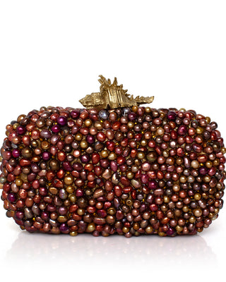 Multicolored beaded clutch with a gold clasp on a white background
