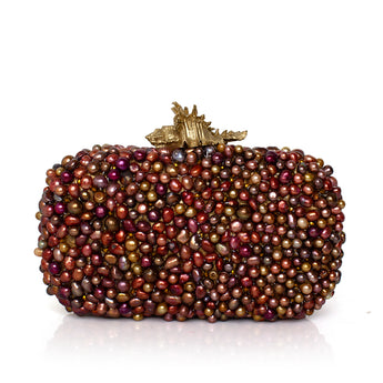 Multicolored beaded clutch with a gold clasp on a white background