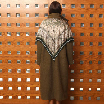 OLIVE TAPESTRY SCARF WITH FRINGES ON KHAKI BOUCLE LONG YAS COAT