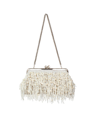 White beaded handbag with pearls in fringes details and a chain strap on a white background